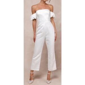 LULU'S L Chic Vow White Satin Off-the-Shoulder Bow Jumpsuit NEW B87
